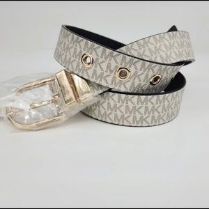 Michael Kors Women's Twist Reversible Gold Buckle Belt, White/Black Logo NWT $48